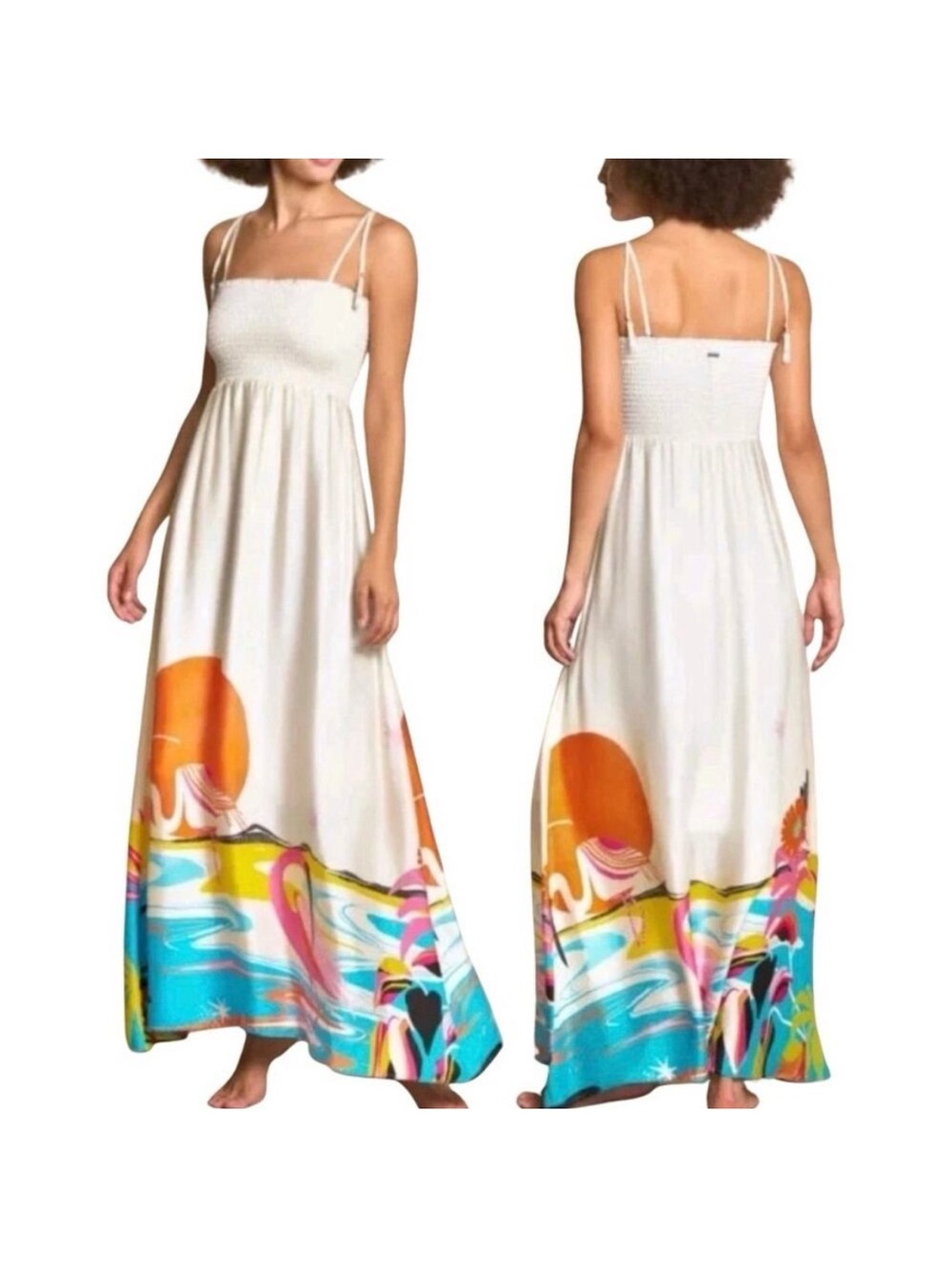 Maaji Cream Maxi Dress with Orange and Blue Sunset Border